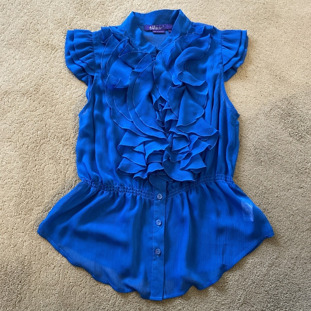 MILEY CYRUS X MAXAZRIA BLUE RUFFLED TUXEDO TOP SHEER CHIFFON SIZE XL